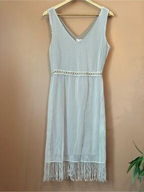 Emma & Michele Ivory Crochet Mesh Fringe Midi Dress Size Medium Boho Resort